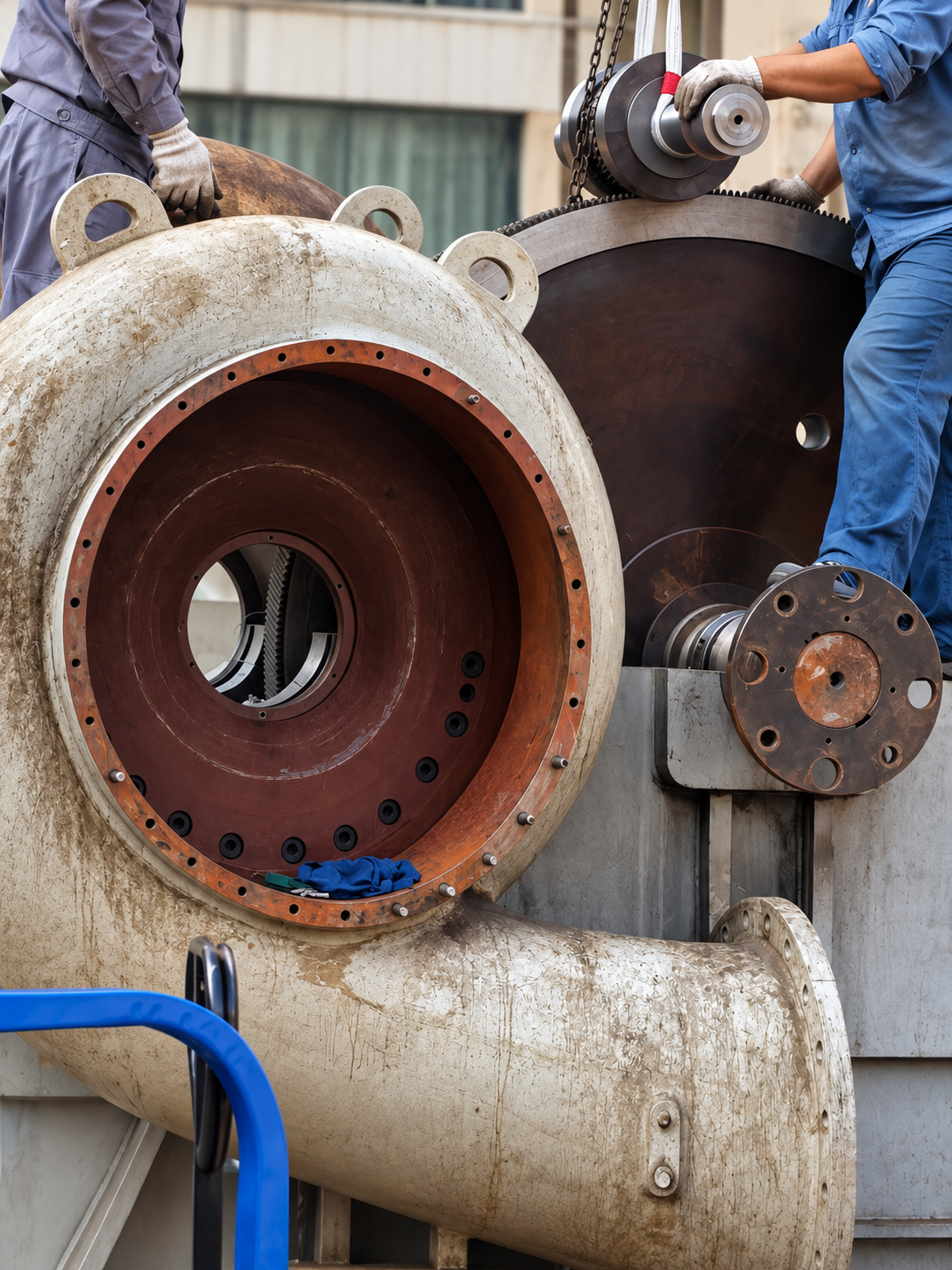 Opened compressor casing and shaft components during on-site assembly work