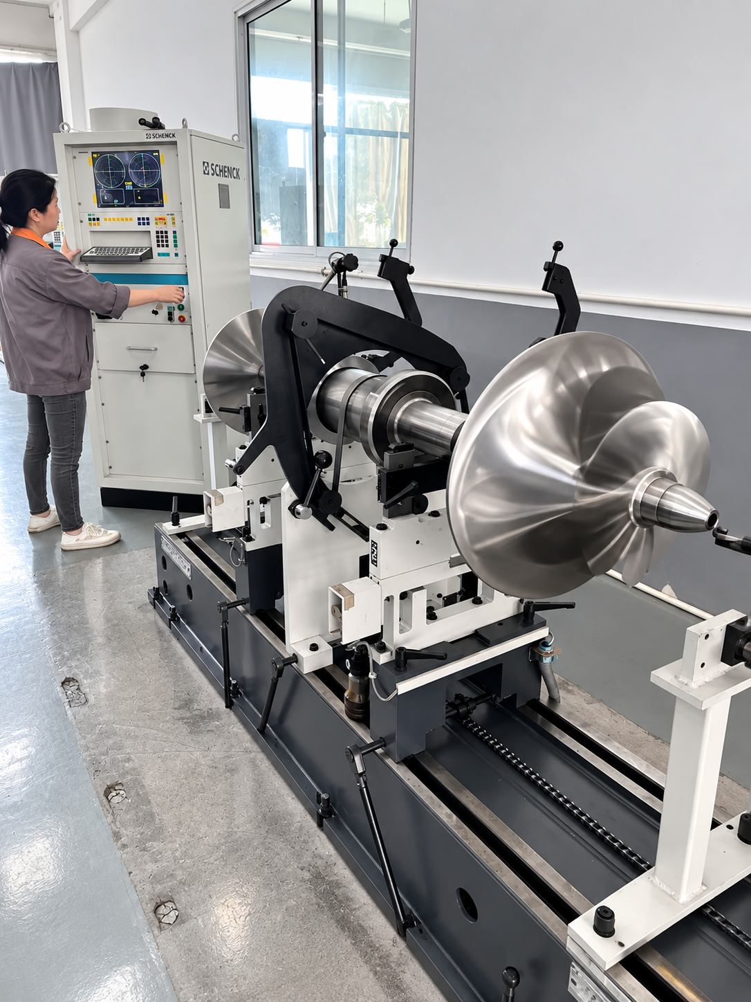 Impeller on dynamic balancing equipment at the partner factory
