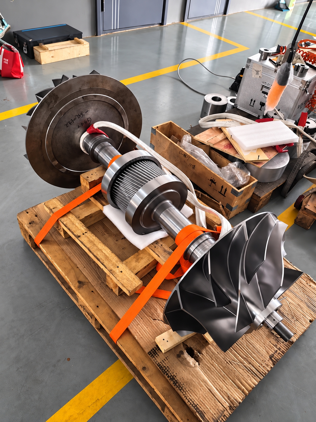 Rotor assembly with the same new main shaft prepared for dispatch
